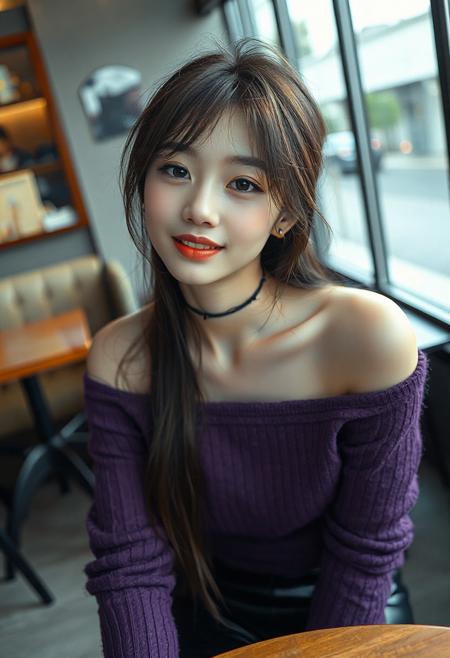 DSLR-style, slender, elegant 26-year-old Korean model, extremely pale skin with natural texture, soft shadow on cheek, diffused daylight from side, parted lips, masterpiece, ultra high-res  
<lora:NOOB_vp1_detailer_by_volnovik_v1:1>
barely visible pores, subtle skin texture variation, translucent skin tone, full body. 
score_9, score_8_up, score_7_up, score_6_up, jaiden animations, 1girl, solo, white skin, black eyes, brown hair, long hair, purple sweater, exposed shoulders, black leather pants, choker, earrings, cafe, looking at viewer, smile, from above, sitting, pov
muscle breasts, (((Extremely high-resolution))),
(depth of field:1.3),
<lora:MythAnim3Style:0.9>, 
 asian face, (Korean)(black eyes) (masterpiece:1.4), (best quality:1.2) 
<lora:RMSDXL_Enhance: 1.2> 
<lora:hd_4k_ntc: 1.2> 
(high resolution)
 <lora:S1_Dramatic_Lighting_v2:0.15> <lora:g4n1m3XLP:0.8>
<lora:d3t41l3dXLP:0.5> <lora:surrealidescent_v1:3.14>
<lora:flux dtmh:3.14> 
<lora:Hand v2:3.14>,
<lora:add-detail-xl:2>
(((lora:Expressive_H:2.0)))
((huge breasts:1.1)), 
narrow waist, wide hips, (messy_hair:1.0),
<lora:ponyv5_noobV065S_1_adamW-000013:0.7> <lora:USNR_STYLE_XL_lokr:0.5> <lora:EtherSDXL:0.15> <lora:748cmSDXL:1.0> <lora:backlitILL:0.8>