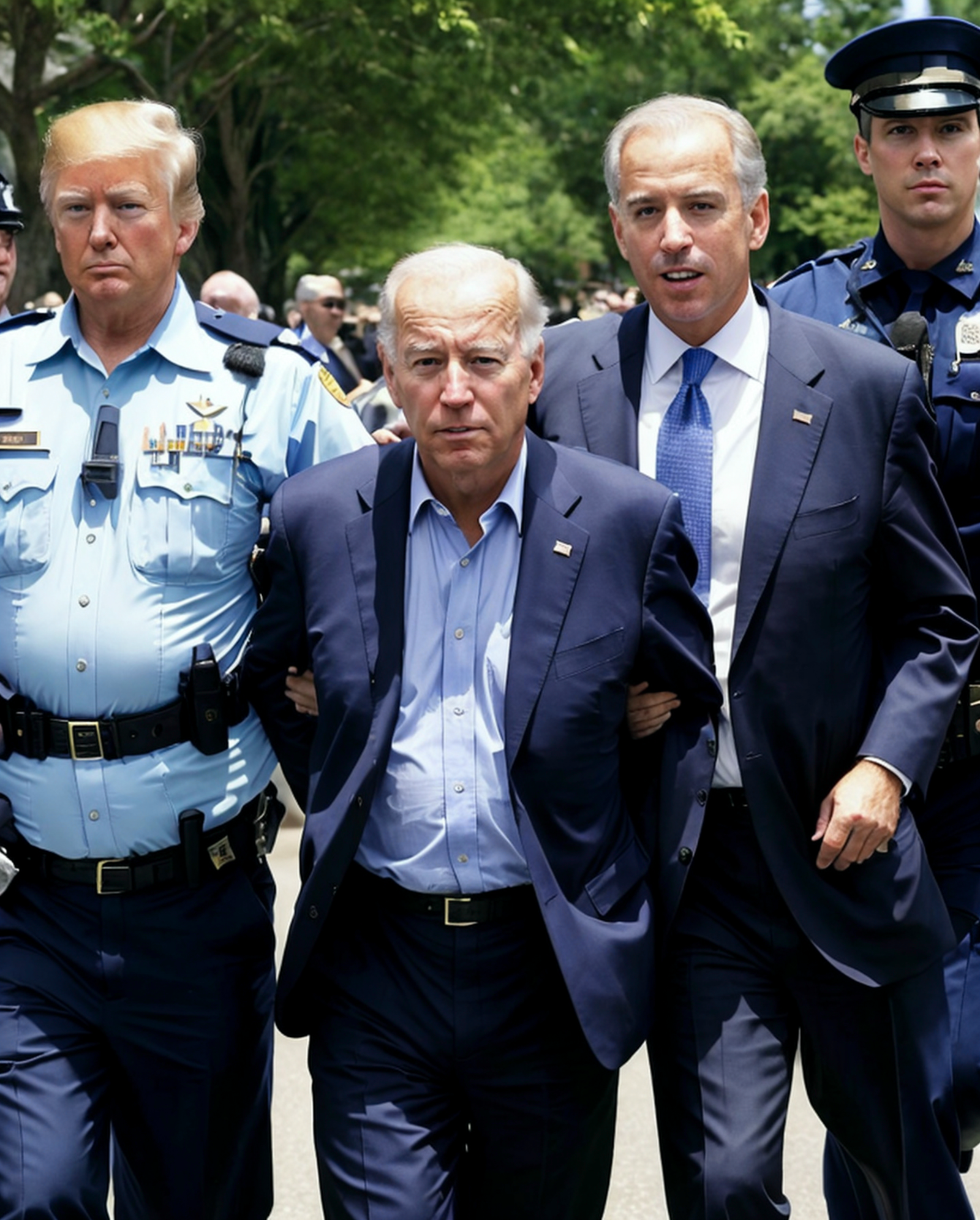 The image shows a group of men, including Joe Biden, being escorted by police officers.