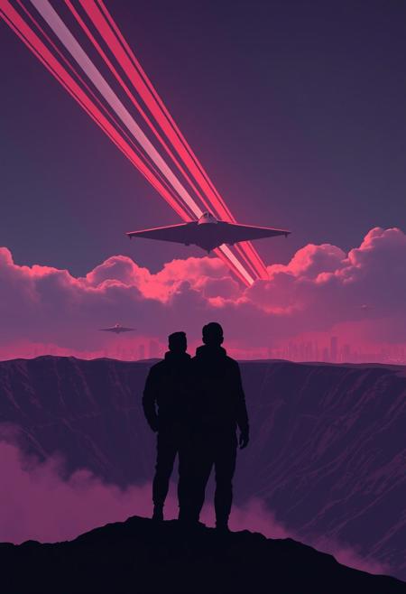 Two shadowy figures stand at the edge of a crater, watching a spaceship rise through the clouds in stylized streaks of red, silver, and violet., retro-futurism, minimalist noir, cinematic silhouette, pulp sci-fi illustration, high-contrast lighting, mid-century spaceship design, atmospheric environments, bold color palette, solitary figures, glowing alien worlds, vintage space suits, graphic composition, emotional isolation, stylized realism, foggy cityscapes, sleek technology, dramatic perspective, 1950s futurism, moody ambiance, pop-sci-fi narrative