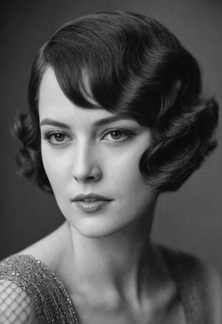 Photograph of a woman from the 1920s, short hair, (finger-weave hairstyle:1.1),posing for a photograph. close-up, black and white, cinematic composition, looking at camera, seductive, soft shadows, grainy,