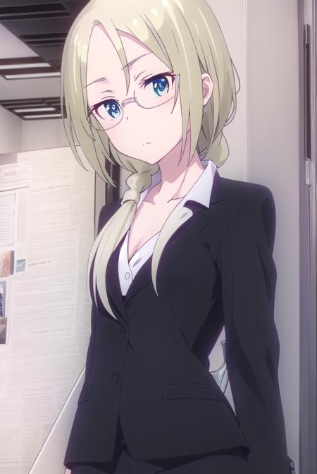 christinawakoyamato, <lora:christina wako yamato s2-lora-nochekaiser:1>, 
christina wako yamato, long hair, blue eyes, blonde hair, (green eyes:1.3), glasses, hair over shoulder, semi-rimless eyewear, low ponytail, under-rim eyewear,
BREAK shirt, collarbone, jacket, white shirt, pants, black jacket, black pants, formal, suit, office lady, pant suit,
BREAK indoors, office,
BREAK looking at viewer, (cowboy shot:1.5),
BREAK <lyco:GoodHands-beta2:1>, (masterpiece:1.2), best quality, high resolution, unity 8k wallpaper, (illustration:0.8), (beautiful detailed eyes:1.6), extremely detailed face, perfect lighting, extremely detailed CG, (perfect hands, perfect anatomy),