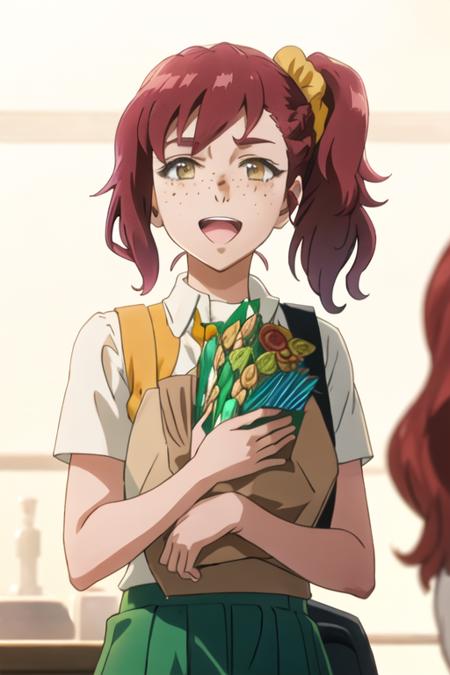 best quality, masterpiece, highres, solo, {lily_lipman_birdiewinggolfgirlsstory:1.15}, red_hair, scrunchie, freckles, side_ponytail, brown_eyes, open_mouth, hair_ornament, 1girl, twintails, brown_hair, from_behind, short_hair, school_uniform