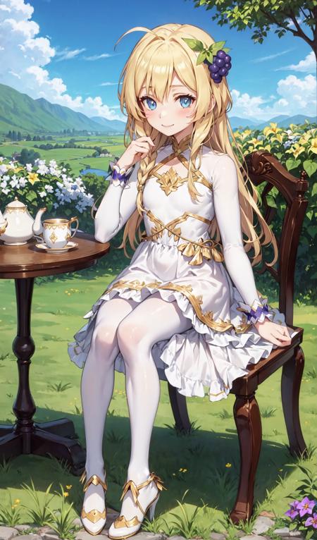 ((masterpiece,best quality)), 1girl, , solo,long hair,breasts,blush,looking at viewer, blue eyes,blonde hair,bangs,hair ornament, outdoor, scenery, sky, cloud, road, ,long sleeves,very long hair,hair between eyes, (sitting, chair), (holding teacup, holding,, garden, table, teacup, tea) ,braid,ahoge,hairband,smile, happy,white dress,hand up,fruit,white skirt,side braid,iris,official dress, grape hair ornament,white shrug,shrug (clothing)  <lora:iris_konosuba:0.8>, (full body), (pantyhose, white pantyhose, white legwear, white footwear). long dress