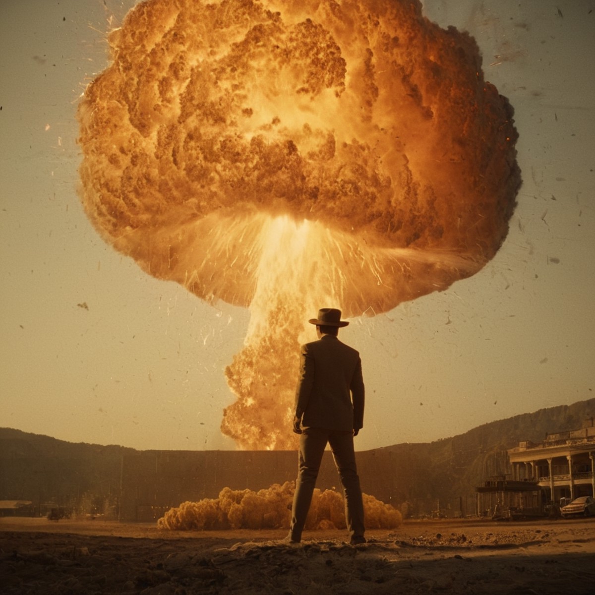 cinematic film still of  <lora:Warm Lighting Style:1>
warm light,a man standing in front of a huge explosion,warm lighting...