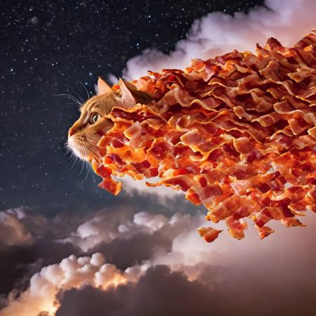 bacon fur, bacon, bacon sky, bacon clouds, detailxl, score_9, score_8_up, score_7_up, score_6_up, score_5_up, NightScapes,A macro shot of an adorable cat made out of bacon soaring through the swirling clouds at night, its wings flapping lazily under flight as it explores a bacony landscape above. <lora:Fractangles:0.85>, 4k, masterpiece, bacon, psychadelic, made out of bacon