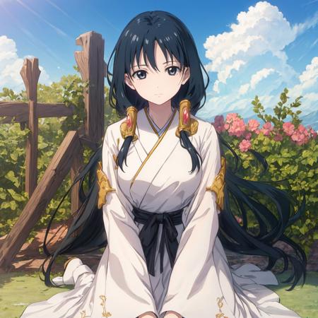 masterpiece,best quality,highly detailed, extremely detailed CG unity 8k wallpaper,illustration,Hakuei Ren,black hair,black eyes,medium breasts,facing viewer,looking at viewer,wariza,blue sky,white  cloud