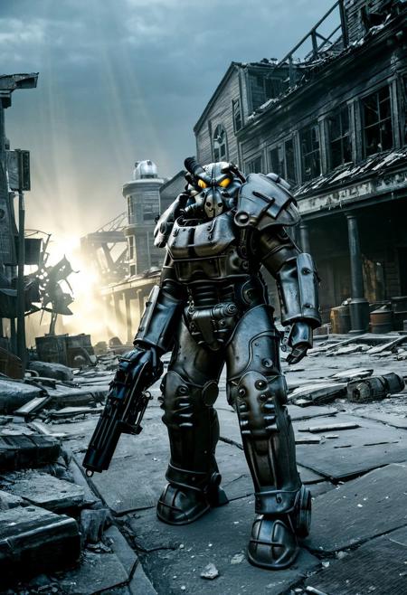 7-PowerArmour, X-01, walking through ruined city, crumbling buildings, (holding large gun), dark lighting, light rays, beams of light, realistic, high quality photo, 4k, <lora:add-detail-xl:0.5> <lora:xl_more_art-full_v1:0.4> <lora:Power Armour v2.0:0.9>