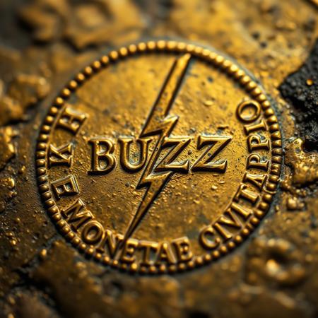 Closeup of a ancient Rome detoriated gold coin with lightning bolt symbol and text in ancient font saying BUZZ, text in around in circle shape saying "MONETAE CIVITAI", realistic, masterpiece, dramatic light, depth of field