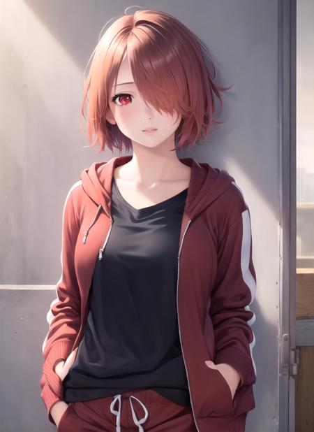 realistic, 1girl, solo,  <lora:hoshino_miyako:0.8>, hoshino_miyako, red hair, red eyes, hair over one eye, short hair, indoors, track pants, black shirt, large breasts, t-shirt, open jacket, hood, short sleeves, grey hoodie