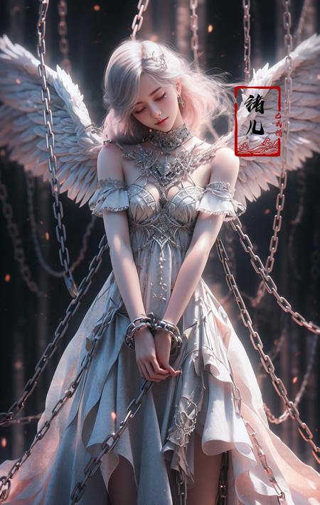 Epic CG masterpiece, a woman dressed in an angelic outfit in chains, delicate face, hdr,dtm, full ha,8K, ultra detailed graphic tension, dynamic poses, stunning colors, 3D rendering, surrealism, cinematic lighting effects, realism, 00 renderer, super realistic, full - body photos, super vista, super wide Angle, rich details, highest quality, extremely exquisite,
Black background1girl, chain, wings, solo, dress, blindfold, white dress, jewelry, veil, choker, ring, own hands together, angel wings, feathered wings, covered eyes, halo
 <lora:~Q?-Y)O Angel:0.8>