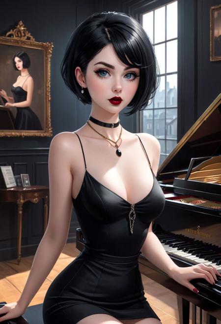 (score_9, score_8_up, score_8:1.2), (1girl, solo, masterpiece, 8k, HDR,), beautiful young woman, (pale white skin:1.2), blushing, (black short hair:1.2), light blue eyes, black lipstick, dark eyeliner, chain choker, smug face coky face, small breasts, flat chest, tight waist, slim feminine body, small hips, round ass, cute, eyelashes, character concept art of a beautiful woman stading on top of a piano, dark tight dress, extremely sexy, seductive, dark music room.