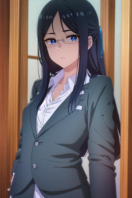 misakigundou, <lora:misaki gundou s1-lora-nochekaiser:1>,
misaki gundou, long hair, blue eyes, black hair, glasses, mole, mole under eye, lips, mature female, (parted bangs:1.5),
BREAK formal, suit, office lady,
BREAK indoors,
BREAK looking at viewer, (cowboy shot:1.5),
BREAK <lyco:GoodHands-beta2:1>, (masterpiece:1.2), best quality, high resolution, unity 8k wallpaper, (illustration:0.8), (beautiful detailed eyes:1.6), extremely detailed face, perfect lighting, extremely detailed CG, (perfect hands, perfect anatomy),