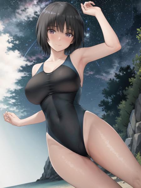 (masterpiece, best quality,extreme detailed beautiful eyes), best illumination, perfect lighting, (1 girl, solo,night, beach, starry_sky :1.3) , <lora:nanasaki_lycoris:0.6>,nanasakiai,nanasaki_ai,
(full body,dynamic angle,dynamic pose,smile:1.2),
(short_hair,  large_breasts,collarbone:1.2),competition_swimsuit,one-piece_swimsuit,swimsuit,black_swimsuit