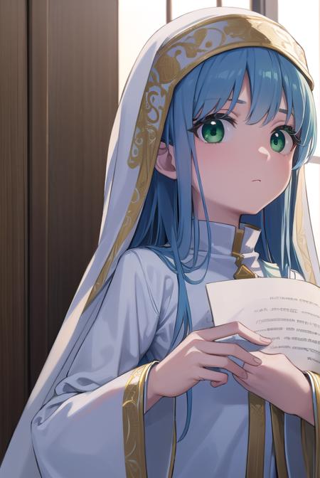 index, (green eyes:1.5), blue hair, long hair, habit, long sleeves, nun, robe, white robe, wide sleeves,