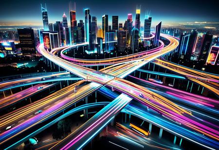 A bustling highway intersection at night, glowing with vibrant neon filaments in shades of electric blue, magenta, and amber. The towering overpasses and curving ramps are lined with pulsating neon lights, creating an intricate web of luminous pathways against the dark sky. Self-driving cars with illuminated outlines and glowing trails of light weave through the lanes, leaving dynamic, colorful streaks behind them. Above the intersection, holographic billboards and animated signs hover, casting radiant reflections on the glossy black asphalt below. The backdrop features a skyline of futuristic skyscrapers, their windows and edges glowing in complementary neon hues. The atmosphere is electrifying, chaotic, and mesmerizing, encapsulating the energy of a high-tech, neon-lit city at night. w0gf1l
