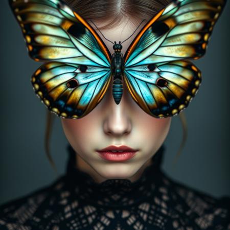 (close-up,girl in black high-collar lace blouse,enormous butterfly in front of face,butterfly wings covering eyes completely,(extremely detailed eyes and face),mysterious expression,(beautiful detailed eyes peering through),lace fabric texture,((best quality,4k,8k,highres,masterpiece:1.2)),ultra-detailed,(realistic,photorealistic,photo-realistic:1.37),HDR,UHD,studio lighting,vivid colors,bokeh,portrait,fantasy,delicate butterfly wings,intricate lace pattern,((butterfly and girl interaction)),((butterfly's wings)),((girl's serene face)),((black lace elegance)),((butterfly's iridescent colors)),((soft focus background)),((girl's poised posture)),((nature and fashion blend))