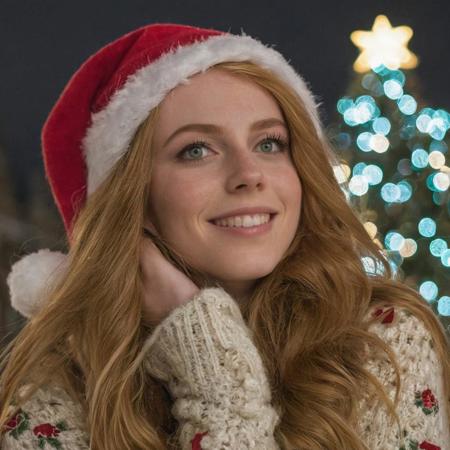 side view, looking out of frame, a gorgeous 21 y.o woman, green eyes, strawberry blonde hair, long straight hair, happy, cheery, wearing a christmas sweater, wearing a christmas hat, (looking at a giant christmas tree:1.5), on a big city square, at night,  snow, natural skin, skin moles, skin pores, goosebumps, high detailed, (cinematic, film grain:1.1)