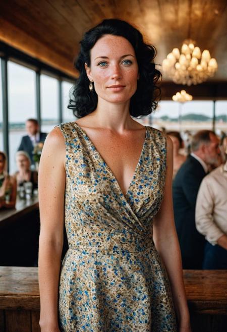 Stunning analogue photo of a beautiful 38 years old Dutch woman, full body portrait, wearing an absolute stunning modern dress, perfect face, absolute beauty, natural raven black hair, blue eyes, perfect eyes, realistic eyes, freckles, freckles and moles all over body, realistic freckles, at a wedding reception in a cocktail bar at the Dutch seaside, soft light on her face, Rembrandt style light, sunset, beautiful sky, incredibly realistic