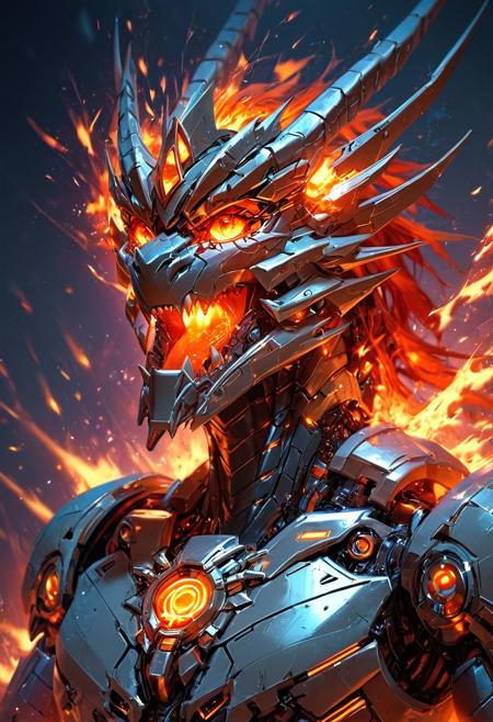score_9, score_8_up, score_7_up,score_6_up, robot, mechanical parts, transformers generation 1, robot made of dragon parts, scorn, with gorgeous detailed eyes in the style of precisionism, gray and purple, dragon head on chest, metal trilby, TransformersStyle, ((wide focus)), action pose, lasers, explosions,
