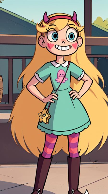  starbutterfly, 1girl, blonde hair, horned headwear, hairband, long hair, solo, heart, blue eyes, facial mark, very long hair,teal dress,striped pantyhose,boots, blush stickers