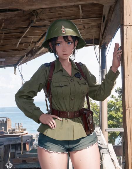 wargirls, 1girl, solo, shorts, world war ii, helmet, ace of spades, vietnam, sweat, hot sun, bikini, historical, masterpiece, best quality, very detailed, <lora:wargirls:1>, to8highkey style, <lora:to8sHighKeyLORASD15SD2_sd15:1>