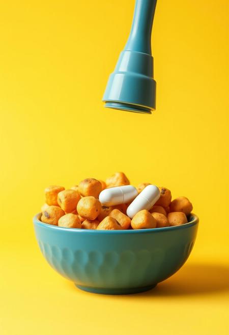 simple background, food, no humans, yellow background, yellow theme, still life, pill