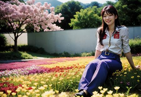 happy Misato Katsuragi from Neon Genesis Evangelion standing in a beautiful field of flowers, colorful flowers everywhere,sitting, feet up, perfect lighting, leica summicron 35mm f2.0, Kodak Portra 400, film grain <lora:animefeetv4:0.7>