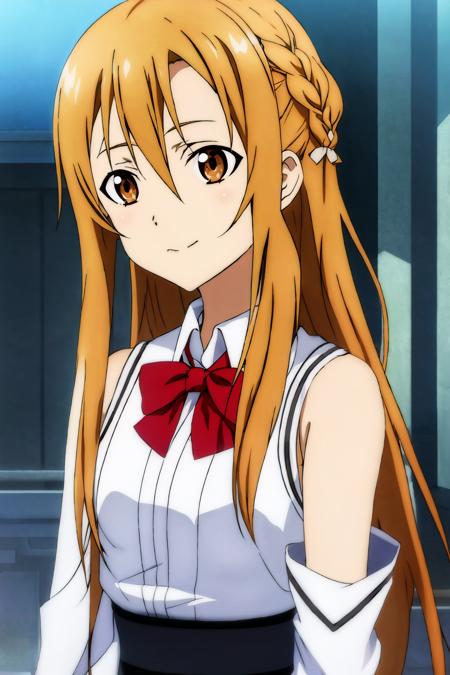 asuna \(sao\), 1girl, bow, bowtie, braid, brown eyes, brown hair, closed mouth, collared shirt, dress shirt, hair between eyes, long hair, long sleeves, red bow, red bowtie, school uniform, shirt, sleeveless, sleeveless sweater, solo, sweater, upper body, white shirt, wing collar