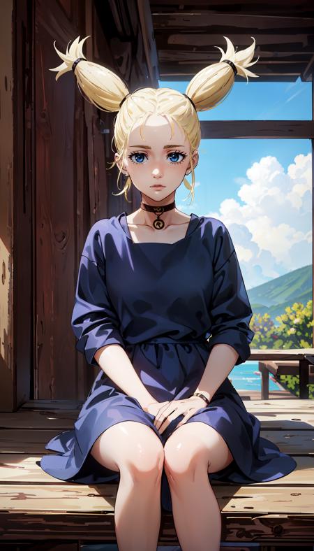 blonde hair twintails hair up blue eyes choker blue dress long dress