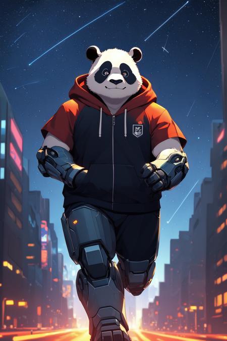 (a cyborg anthropomorphic giant panda male furry is running in the street:1.1), (He has very fluffy fur on cheek and animal head:1.1), (mechanical arms and hands, mechanical legs and boots, gloves:1.1), (He wears a short sleeves red hoodie with both proud and serious on his face:1.1), (His eyes are black and shine and looking afar:1.1), 
BREAK cityscape, backlighting, night, moonlight, starry sky, shooting star, constellation, masterpiece, best quality, realistic, illustration, cyberpunk, science fiction, medium shot, dutch angle, <lora:align_sd_lora:0.5>