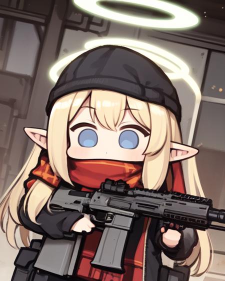 <lora:JazzJack:0.9>
chibi, 1girl, solo,holding machinegun,  blue eyes, long blonde hair, mechanical halo,pointy ears, scarf