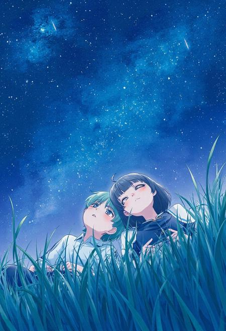 Vertical 9:16 cinematic anime scene, starry night sky filled with meteor showers, anime boy and girl lying in tall grass, heads close together, silent wonder in their eyes, dreamy blue-purple pastel night, hyper-detailed watercolor anime scene.