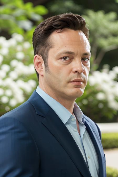 a man <lora:vinceVaughn:1> in an striking blue suit, content at the park, RAW, 8K, UHD, [smiling:0.1]