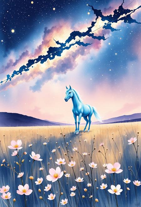 "A dreamlike meadow under a celestial sky, where overexposed stars melt into soft, ethereal glows—like smudged chalk on indigo paper. Below, a windswept field of wildflowers sways in muted pastels: blush pinks, dusty lavenders, and wheat golds, their petals lifted in a gentle wind as translucent as tissue paper. At the center, a translucent blue horse stands poised, its form glowing with a quiet cerulean halo, mane trailing into delicate stardust. The air hums with subtle gradients—sky meeting earth in layered washes of watercolor, while faint streaks of silver suggest distant comets. Keep Flux’s fluidity but mute the chaos: focus on whispered surrealism, where motion blurs into serenity and light feels like a held breath."  
This prompt combines Ando's signature materials (concrete, geometric rigor) with the fleeting elegance of sakura, balancing structure and organic flow.
Paint a serene yet dynamic watercolor scene in the Flux art style,
<lora:FLUX-daubrez-DB4RZ-v2:0.35> DB4RZ, DB4RZ style painting <lora:illustration004:0.8> illustration004 chaotic expressive line-art scribbled and erratic strokes monochromatic black ink <lora:Scribble Portrait Drawing:0.35> Drawing <lora:aidmaMJ6.1_v0.5_3:0.35> aidmamj6.1, aidmamj6, mystcorbCE_style