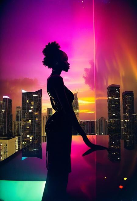 ()Hyoer Realistic:2.0)Polaroid picture of 
 of a silhouette black woman standing at the edge of her luxurious penthouse suite, gazing out over the Miami Beach skyline as it's engulfed in an otherworldly invasion. The cityscape is ablaze with an eerie, pulsing light, and towering, (glowing spaceships hover above the buildings shooting lasers at buildings:1.45).
In the foreground, the silhouette woman's figure is stark against the vibrant, neon-lit backdrop, his face obscured by the shadows. His stance exudes a sense of calm, yet intense focus, as if he's surveying the chaos below with a mix of fascination and trepidation.
Capture the surreal, futuristic atmosphere of this moment, where the tranquility of a luxurious penthouse suite is juxtaposed with the extraterrestrial chaos unfolding outside.