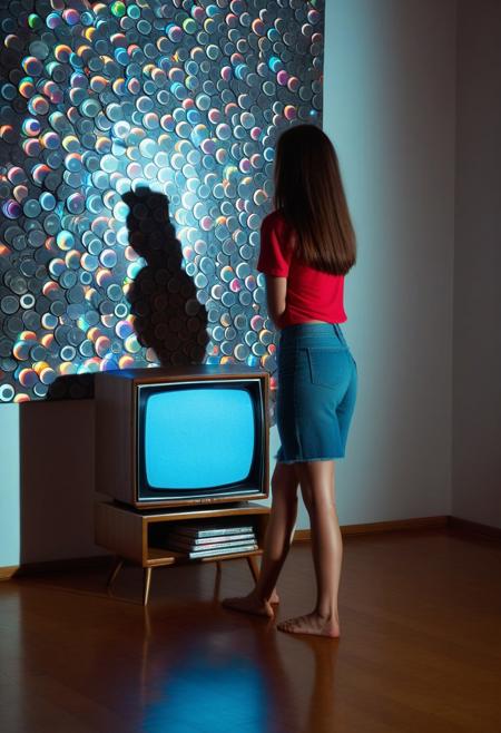 A young woman standing, bowing and smacking (an open retro TV with bright noise pattern playing on the screen) in a room made of cd's.