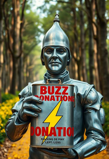  A cinematic portrayal of the Tin Man, in a forest setting along the yellow brick road. He is holding an oil can with prominent 'Buzz Donations' text in bold red font below a bright yellow lightning bolt on its side facing the viewer, rendered with a wide angle view and vivid, saturated colors.