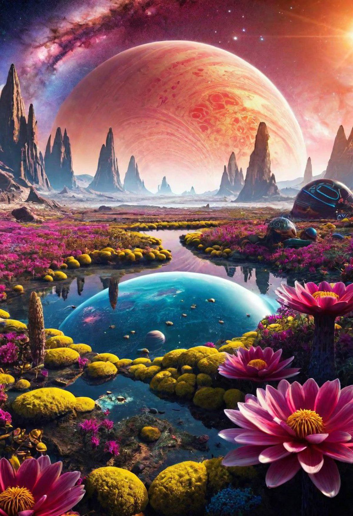 A vibrant alien world with a river, flowers, and massive planetary bodies in the background.