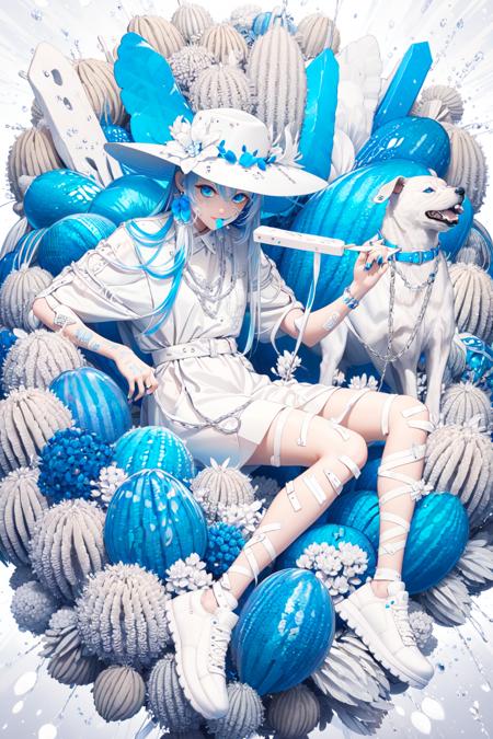 -1girl, blue eyes, blue nails, flower, food, bandaid, blue hair, multicolored hair, hat, chain leash, white dress, popsicle, dress, white footwear, bandaid on arm, leash, solo, white headwear, dog, blue flower, bandaid on leg, sitting, white hair, chain, long hair, holding food, nail polish, holding, hat flower, shoes, sun hat, two-tone hair, looking at viewer, bandaid on hand,White hell,<lora:White hell-000018:0.9>,