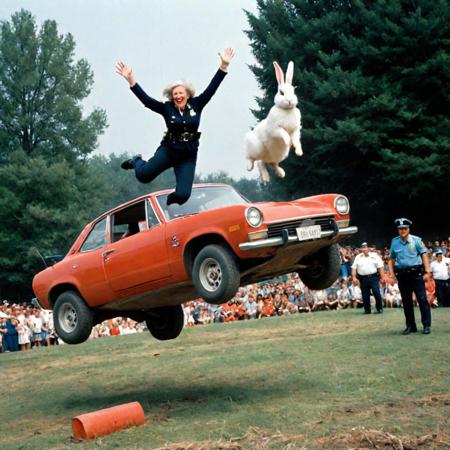 and yet everything is true...
(1970's) photograph, ((("a 70yo woman jumps a two meter high obstacle (a car) which gives us the impression that she is flying away"))), ((("a giant rabbit eats a car wheel"))), ((("the policemen flee"))), hypperrealism, hyperdetailed photography, 1woman, "but damn what is this crazy photo?"