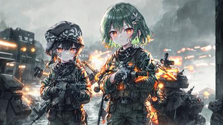 cowboy_shot,rain,<lora:BattlefieldStyle-000016:0.8>,bfstyle,glowing eyes,holding weapon,(sparks:1.1),1girl,cute,kawaii,small breasts,green hair,orange eyes,clover hair ornament,long hair,disheveled hair,messy hair,(battlefield:1.1),frown,shaded_face,sulking,glaring,kubrick_stare,holding_rpg,