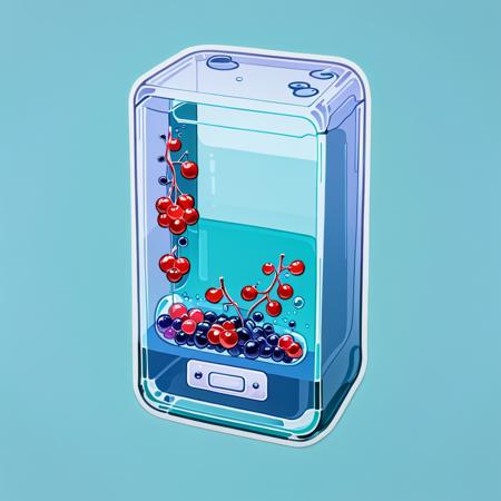 glass game console with water and currant, cold colors, stylized, simple background, cutestickers, (sticker:1.4), (big fat stroke:1.2), detailed, ohwx style