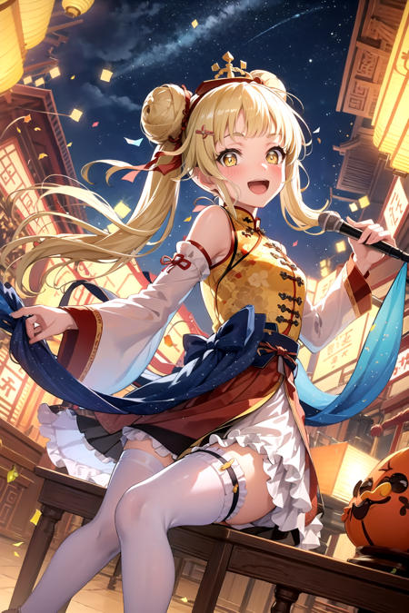 <lora:KokoroTsurumaki5-08:0.7>,kokorobd, looking at viewer, blush, smile, open mouth, hair ornament, long sleeves, dress, bow, holding, twintails, :d, outdoors, frills, detached sleeves, sky, teeth, sleeveless, hairclip, wide sleeves, hair bun, sparkle, double bun, thigh strap, night, chinese clothes, frilled sleeves, building, star (sky), night sky, china dress, microphone, lantern, dragon, music, bun cover, bridal garter, confetti, holding microphone, architecture, fireworks, east asian architecture, paper lantern, eastern dragon