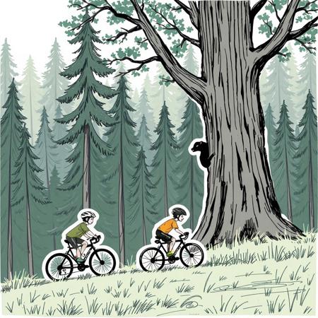 Sketch, stylized as a sticker. Forest in the background, a  black sable is hiding in a tree, hugging tree. In the foreground, children are passing cyclists, a race, a hillock, a side view. Dynamically