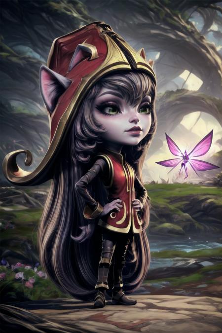 Highly detailed, High Quality, Masterpiece, beautiful, <lora:Lulu-07:1>, Lulu, full body, hand on hip, yordle,  <lora:more_details:1>, pixie,