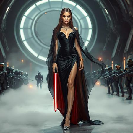 slender arrogant cold femme fatal russian princess  wearing   black glossy satin high slit gown with red lining,  small size opulent glossy high heels,  ultrathin black  transparent slime cloak, jewels, elegant small light saber, posing  standing,  evil grin, green eyes, lipstick, giant portal to outer space, fog from the floor, empire spaceship hangar, surrounded by halo odst troopers, TIE spaceships  at the background, fashion look, hollywood, vogue makeup, porcelain skin, long haired, ultrathin waisym reminiscent of Lucas,  Spielberg styles, with close-up glamour photography, glossy satin and silver heels glistening, fleshy slime dripping, and dark shadows.