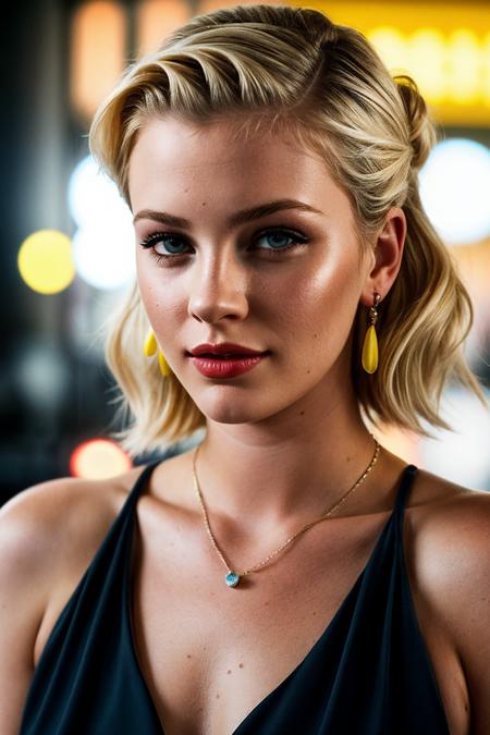 photo of (1rel4ndb:0.99), a beautiful woman, closeup portrait, perfect blonde hair, hair upsweep updo, (modern photo, dress), 24mm, (analog, cinematic, film grain:1.3), (plain Neon Yellow background, gradient:1.1), detailed eyes, (seductive pose), (epicPhoto), upper body, (looking at viewer, smiling), earrings and necklace, (painted lips)