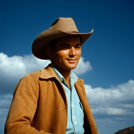 analog film photo of  <lora:kodachrome xl v1:0.9>
In 1950's a cinematic Kodachrome Technicolor motion picture of a man in a cowboy hat poses for a picture, perfect image, perfect body, perfect anatomy, sharp image, detailed image, Kodak film style, high quality photography, Kodachrome style, Technicolor style, 1950's style, Technicolor Monopack style, 16mm, 8mm, Super 8 movie, 35mm movie style, film color style, cinematic photography style, analog photography style, cinematic film color style, deep color style, different character, different background, different picture, Eastman Kodak style, K-14 process style, Color slide style, film skin tone style, different color, solo, smile, black hair, hat, closed mouth, jacket, outdoors, sky, day, cloud, blue sky, facial hair, brown jacket, brown headwear, cowboy hat, portrait, cowboy western, looking at viewer, dark-skinned male, Kodachrome color style, blue cloudy sky, faded film, desaturated, 35mm photo, grainy, vignette, vintage, Kodachrome, Lomography, stained, highly detailed, found footage