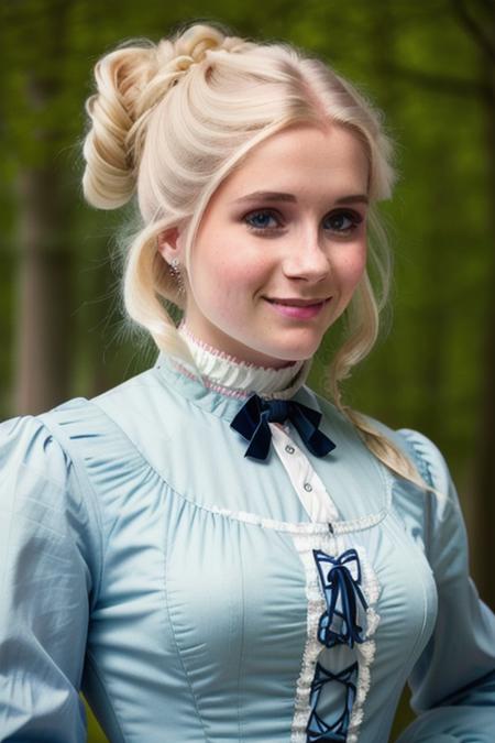 a beautiful [blonde] woman in a victorian dress, close up, perfect face, clear eyes, perfect day, [smiling], 8k, uhd, raw, masterpiece <lora:janoukKelderman:1>