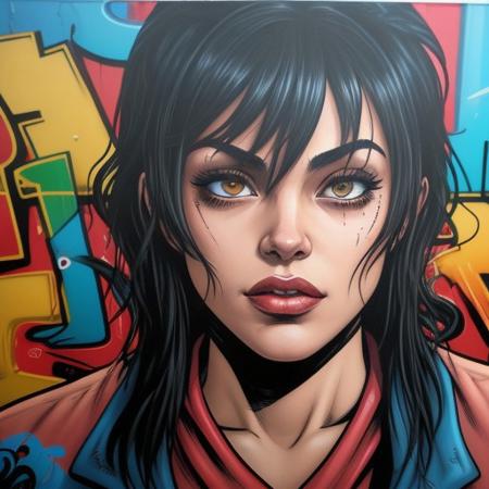 Masterpiece of painting, modern streetart, graffitti art, on a wall, huge, large, crazy painting, thick outlines, highlights, fadings, (comic style character:1.3), face, highly detailed, impressive, surprising, meaningful, fullscreen, taggings, frameless,